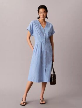 Rochie midi din poplin de bumbac cu dungi