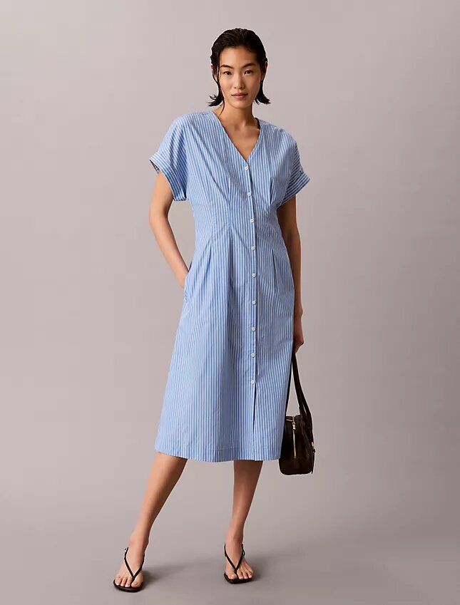 Rochie midi din poplin de bumbac cu dungi Rochie midi din poplin de bumbac cu dungi