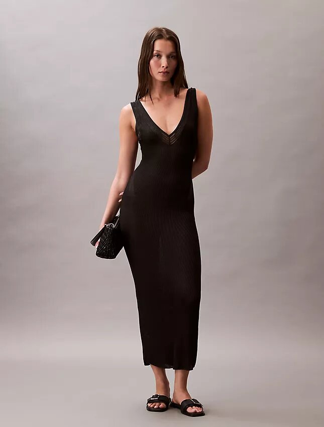 Rochie midi din viscoză cu nervuri Rochie midi din viscoză cu nervuri