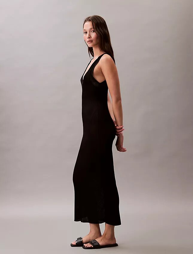 Rochie midi din viscoză cu nervuri Rochie midi din viscoză cu nervuri