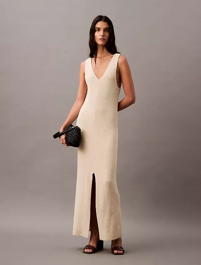 Rochie midi fără mâneci cu nervuri bouclé Rochie midi fără mâneci cu nervuri bouclé