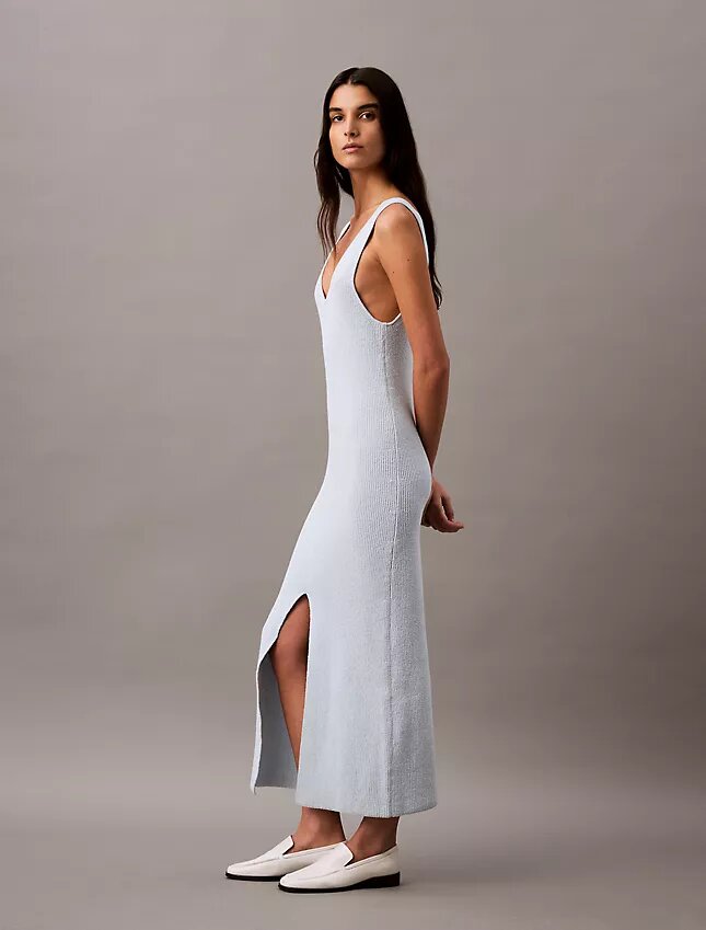 Rochie midi fără mâneci cu nervuri bouclé Rochie midi fără mâneci cu nervuri bouclé