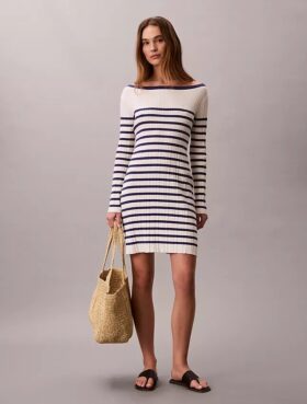 Rochie mini cu dungi, mâneci lungi și nervuri