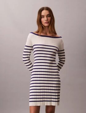 Rochie mini cu dungi, mâneci lungi și nervuri