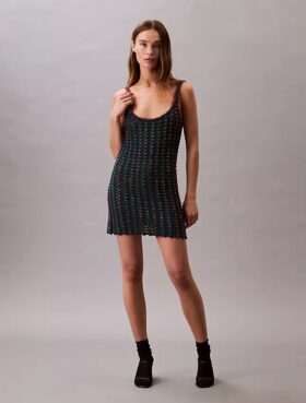 Rochie mini fără mâneci, croșetată, cu mărgele