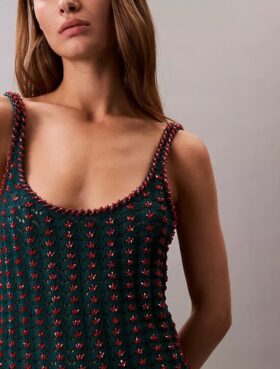 Rochie mini fără mâneci, croșetată, cu mărgele