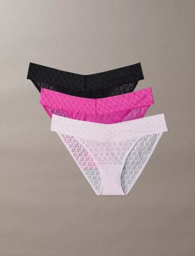 Set de 3 bikini cu talie joasă din dantelă cu logo iconic
