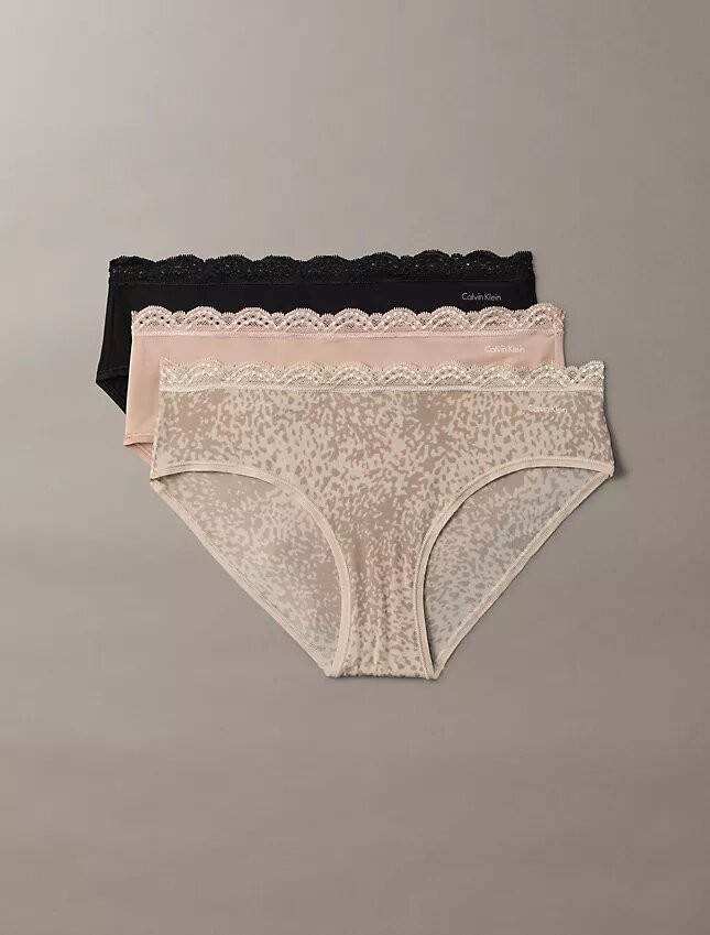 Set de 3 chiloți hipster din microfibră elastică cu dantelă Set de 3 chiloți hipster din microfibră elastică cu dantelă