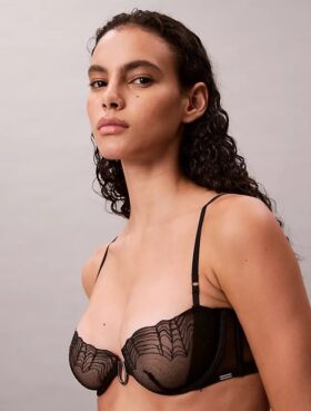 Sutien balconet Unlined, din dantelă geometrică neagră CK Black