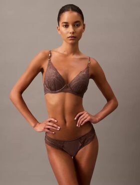 Sutien Push-Up cu decolteu adânc din dantelă florală neagră CK Black