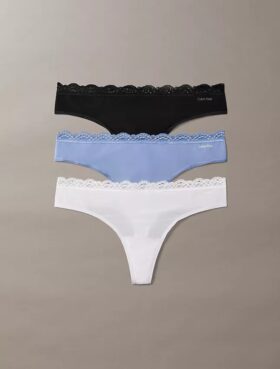 Thong din microfibră elastică cu dantelă, pachet de 3
