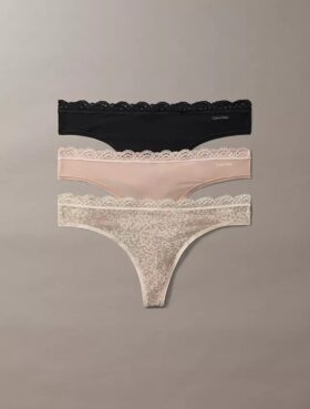 Thong din microfibră elastică cu dantelă, pachet de 3