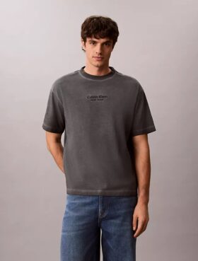 Tricou clasic cu guler rotund și logo decolorat