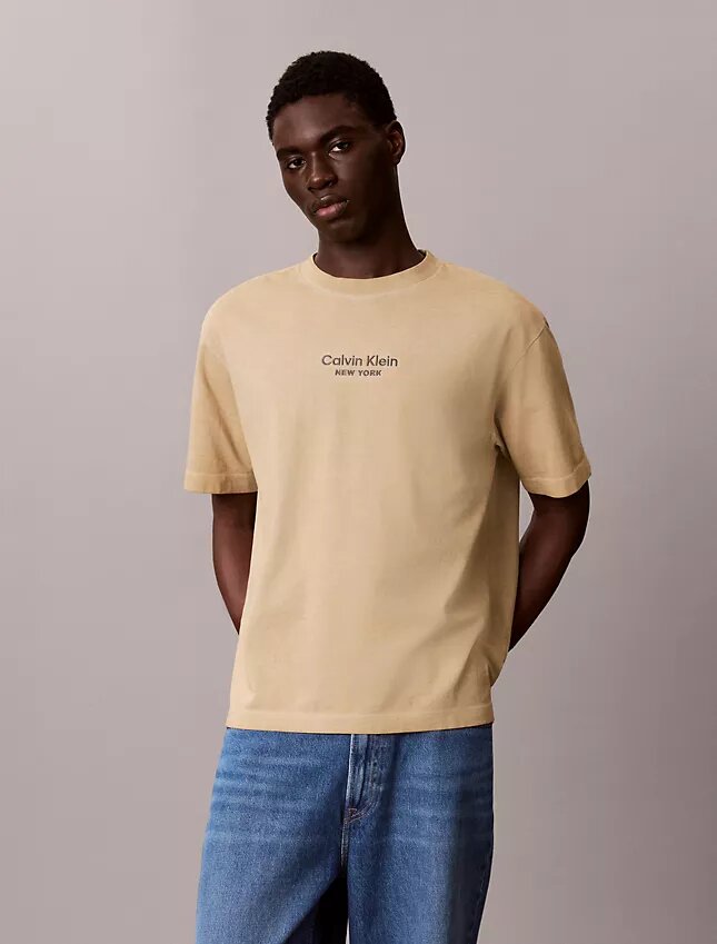 Tricou clasic cu guler rotund și logo decolorat Tricou clasic cu guler rotund și logo decolorat