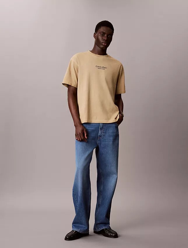 Tricou clasic cu guler rotund și logo decolorat Tricou clasic cu guler rotund și logo decolorat