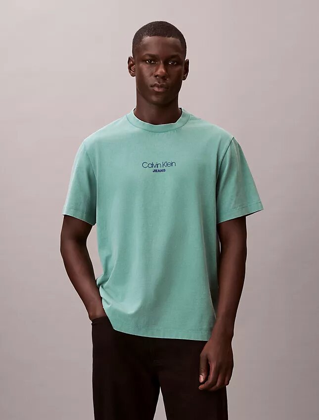 Tricou clasic cu logo imprimat și spălare acidă Tricou clasic cu logo imprimat și spălare acidă
