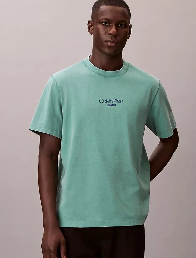 Tricou clasic cu logo imprimat și spălare acidă Tricou clasic cu logo imprimat și spălare acidă