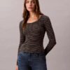 Tricou cu guler în U din bumbac cu nervuri Tricou cu guler în U din bumbac cu nervuri