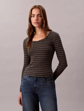 Tricou cu guler în U din bumbac cu nervuri