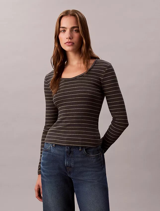 Tricou cu guler în U din bumbac cu nervuri Tricou cu guler în U din bumbac cu nervuri