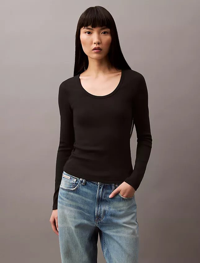 Tricou cu mâneci lungi, croi slim, din bumbac cu nervuri Tricou cu mâneci lungi, croi slim, din bumbac cu nervuri