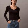 Tricou din bumbac cu guler în U și nervuri