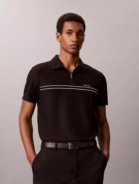 Tricou polo cu fermoar pe un sfert și bordură contrastantă
