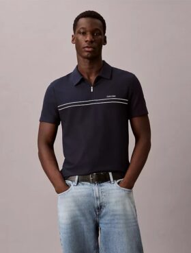 Tricou polo cu fermoar pe un sfert și bordură contrastantă