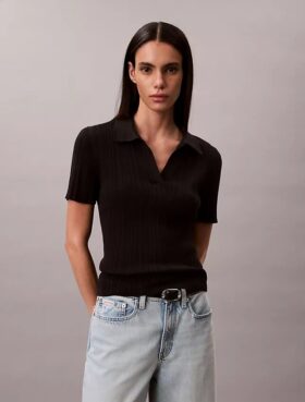 Tricou polo din bumbac neted cu nervuri