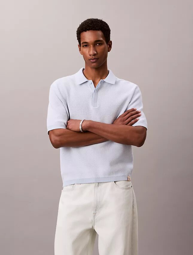 Tricou polo din bumbac neted cu textură waffle Tricou polo din bumbac neted cu textură waffle