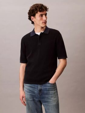 Tricou polo din bumbac neted cu textură waffle