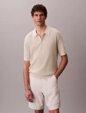 Tricou polo din bumbac neted cu textură waffle
