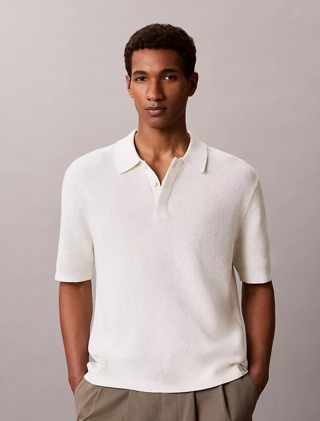 Tricou polo din bumbac neted cu textură waffle Tricou polo din bumbac neted cu textură waffle