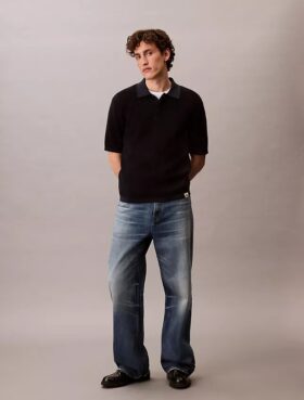 Tricou polo din bumbac neted cu textură waffle