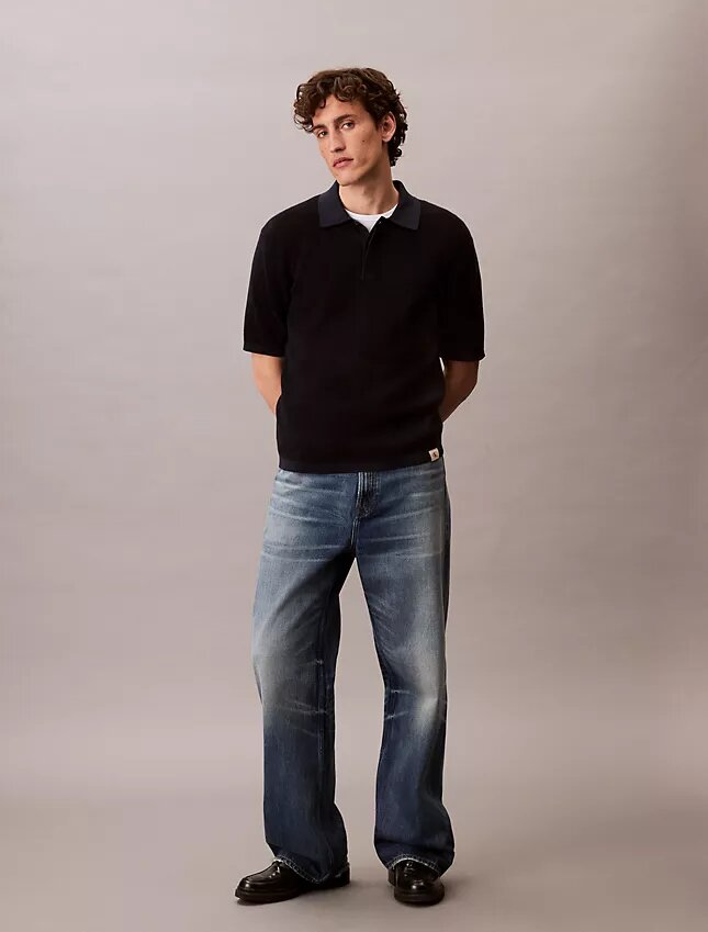 Tricou polo din bumbac neted cu textură waffle Tricou polo din bumbac neted cu textură waffle