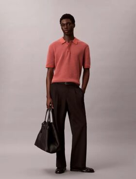 Tricou polo din bumbac neted cu textură waffle