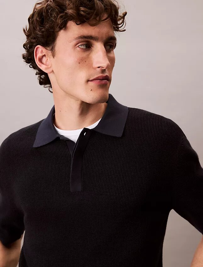 Tricou polo din bumbac neted cu textură waffle Tricou polo din bumbac neted cu textură waffle
