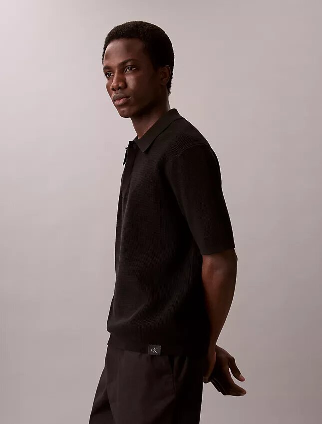 Tricou polo din bumbac neted cu textură waffle Tricou polo din bumbac neted cu textură waffle