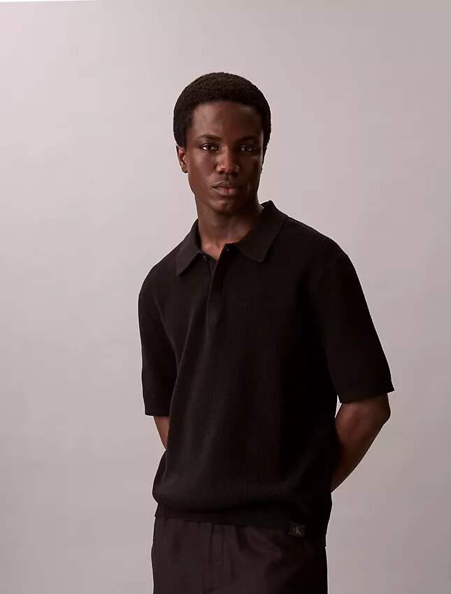Tricou polo din bumbac neted cu textură waffle Tricou polo din bumbac neted cu textură waffle
