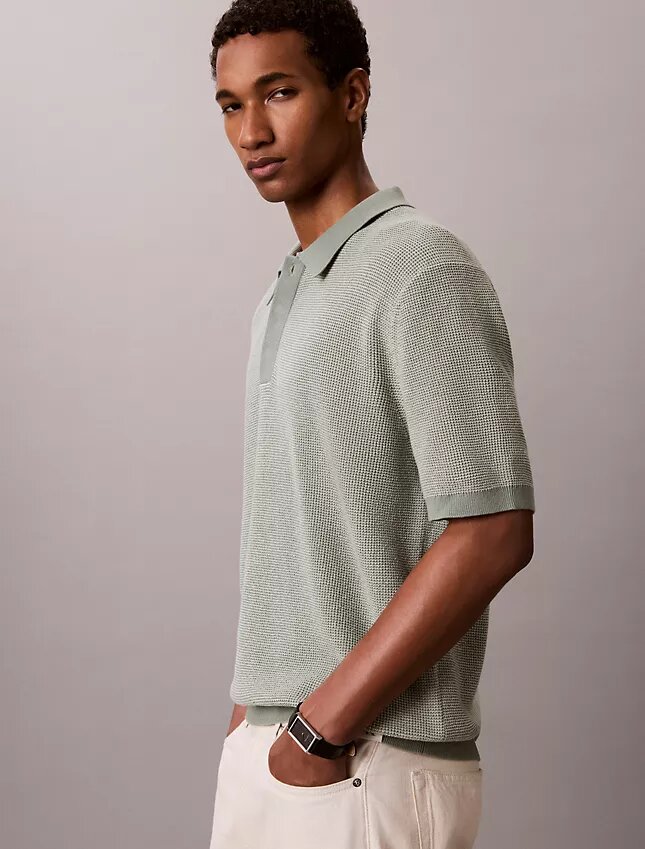 Tricou polo din bumbac neted cu textură waffle Tricou polo din bumbac neted cu textură waffle