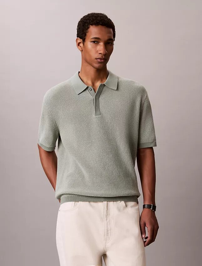 Tricou polo din bumbac neted cu textură waffle Tricou polo din bumbac neted cu textură waffle