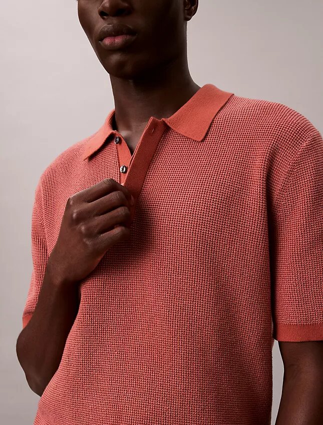 Tricou polo din bumbac neted cu textură waffle Tricou polo din bumbac neted cu textură waffle