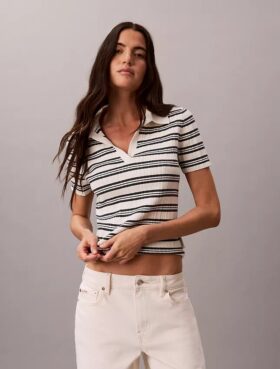 Tricou polo slim cu dungi și nervuri
