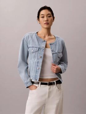 Trucker Jacket scurtă din denim, fără guler