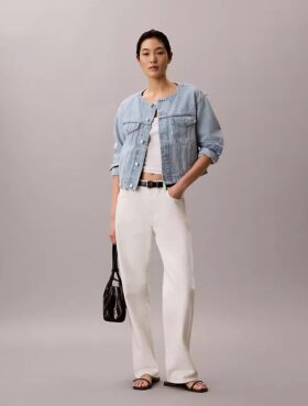 Trucker Jacket scurtă din denim, fără guler