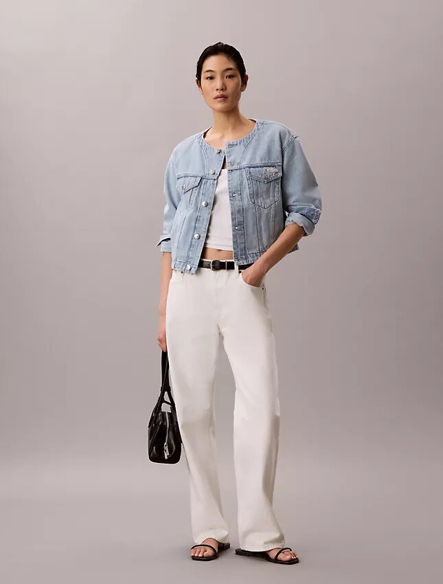 Trucker Jacket scurtă din denim, fără guler Trucker Jacket scurtă din denim, fără guler