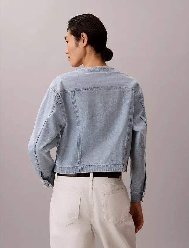 Trucker Jacket scurtă din denim, fără guler Trucker Jacket scurtă din denim, fără guler