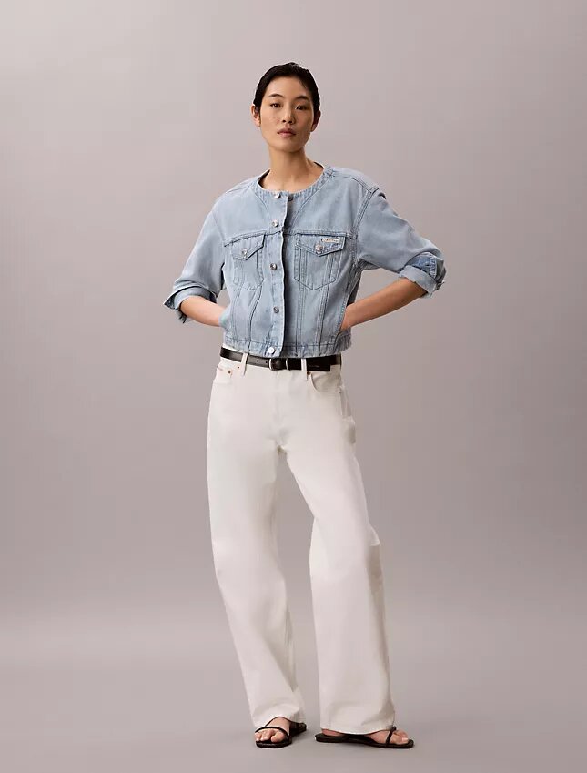 Trucker Jacket scurtă din denim, fără guler Trucker Jacket scurtă din denim, fără guler